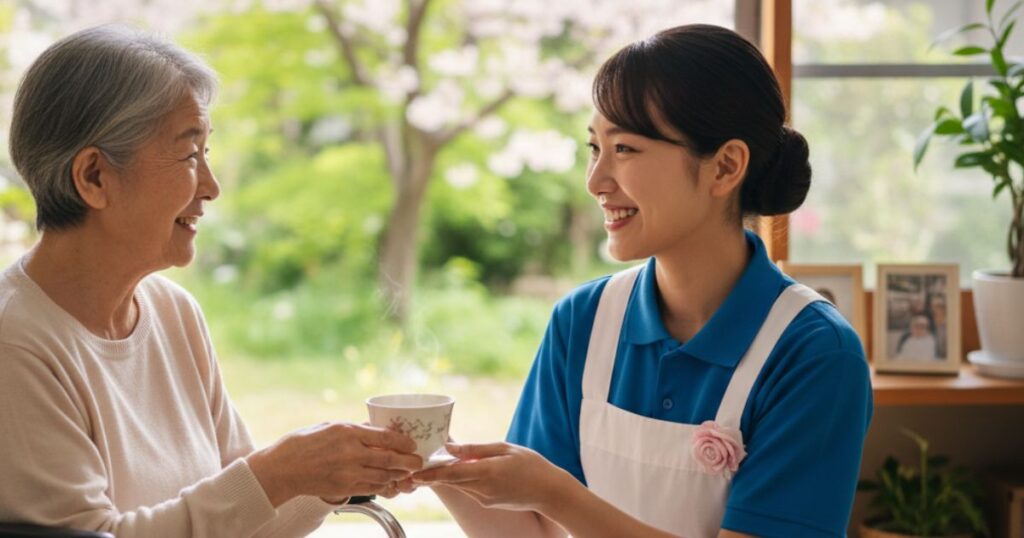 女性高齢者の居宅で、訪問介護お行い、女性高齢者にお茶を優しく手渡している女性インドネシア人ヘルパーさん