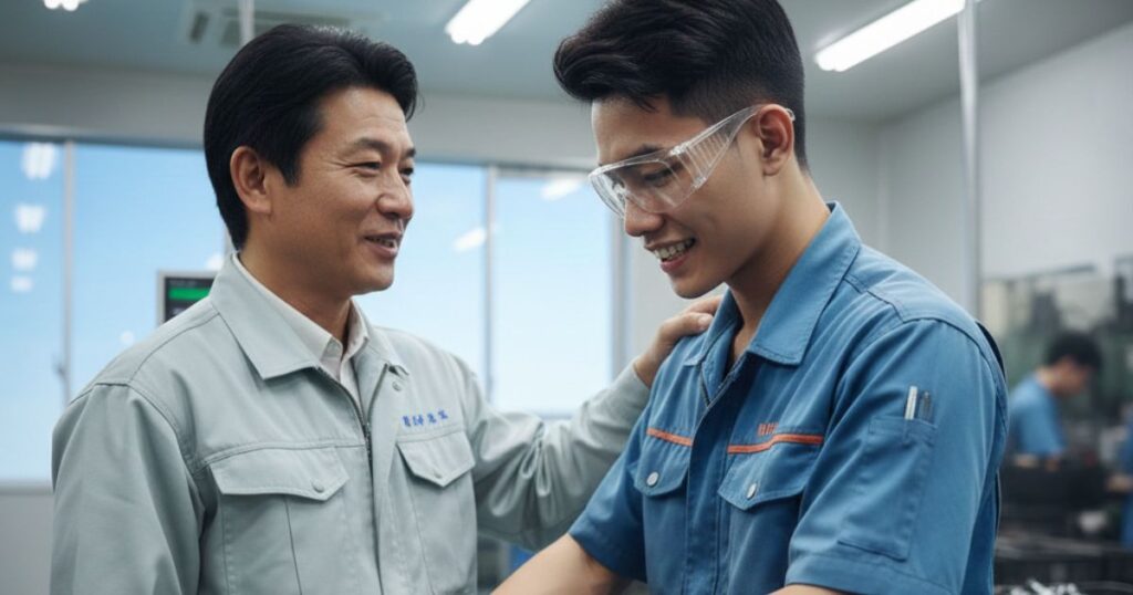 社長に優しく肩を叩かれ褒められる特定技能外国人の画像