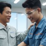 社長に優しく肩を叩かれ褒められる特定技能外国人の画像