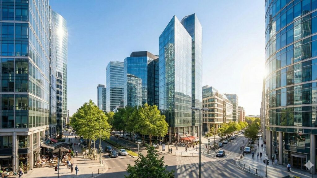 業務提携先企業をイメージするオフィス街の画像